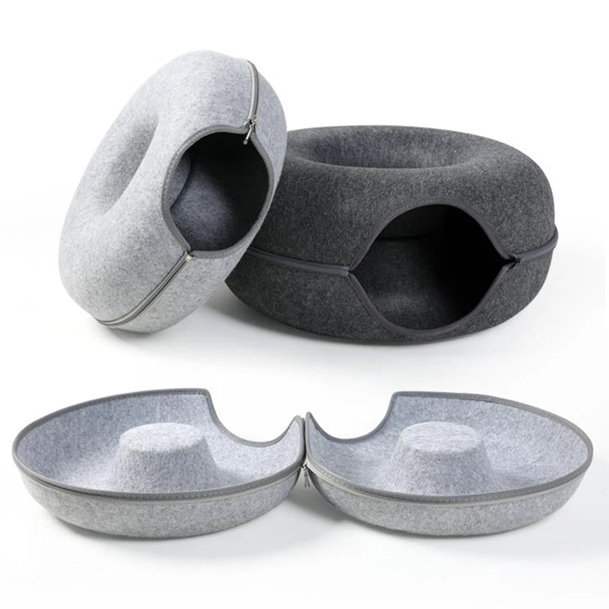 A pair of grey felt cat beds with tunnel hideaways for two cats shown from different angles.