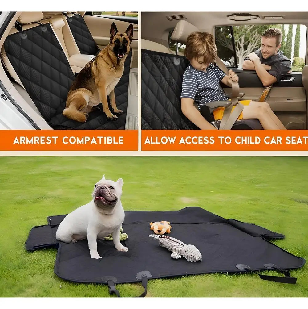 Black waterproof dog car seat cover for the back seat with armrest access shown in various contexts.