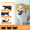 A fluffy dog wearing a black training collar with adjustable vibration shock intensity settings.
