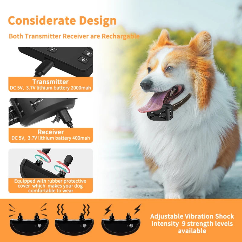 A fluffy dog wearing a black training collar with adjustable vibration shock intensity settings.