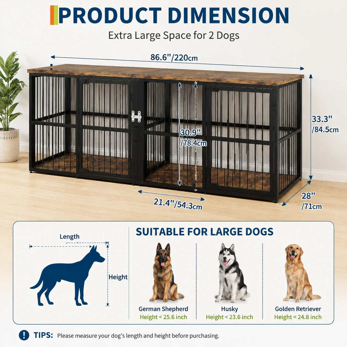 A black extra large double dog crate furniture with a wooden top and vertical bars for two dogs.