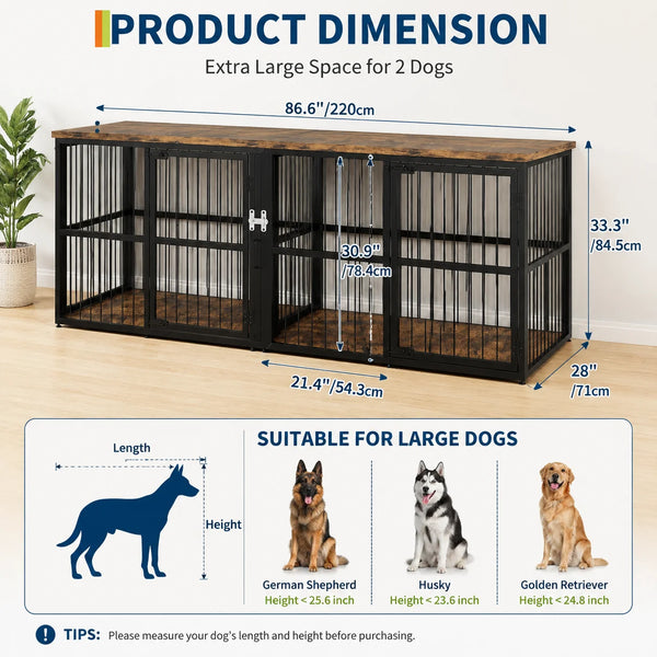 A black extra large double dog crate furniture with a wooden top and vertical bars for two dogs.