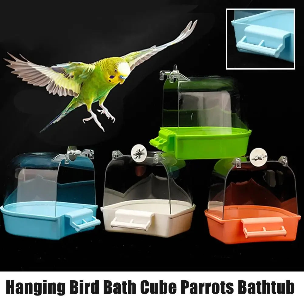 A vibrant green parrot is shown flying near various colored plastic hanging bird bath cubes.