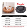 A plush round pet bed in brown fabric shown next to a diagram illustrating various diameters and recommended pet weights.