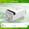 A white replacement pump for a cat water fountain is shown with its components and dimensions.