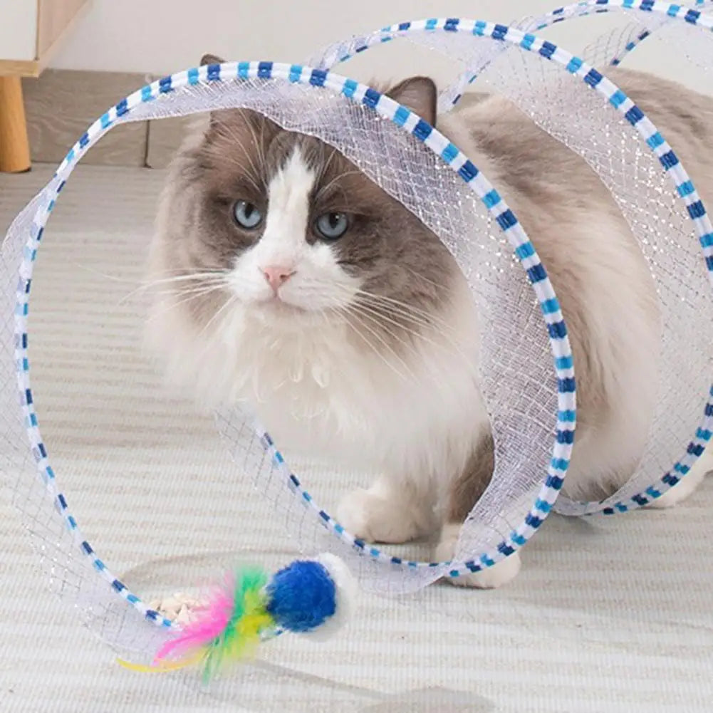 A fluffy gray and white cat is visible inside a mesh tunnel for indoor play with a colorful feather toy.