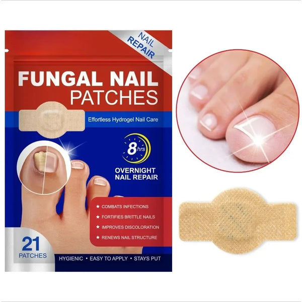 Boîte de pansements pour ongles fongiques pour réparation nocturne, montrant une main et l'emballage du produit.