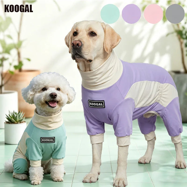 A golden retriever and a poodle wearing purple and beige cooling dog suits in a bright indoor setting.