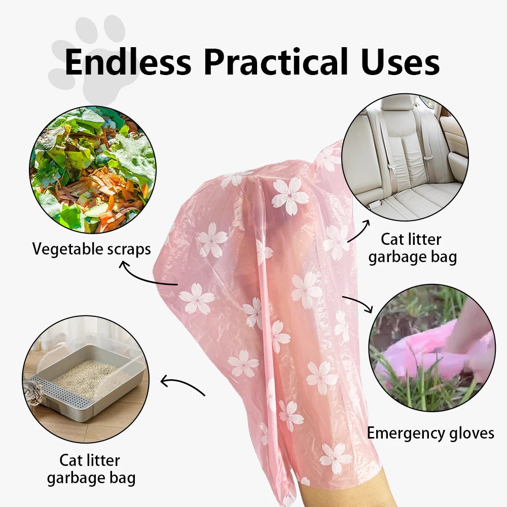 Pink disposable gloves and a pink fabric bag shown for various practical uses like garbage bags or emergency gloves