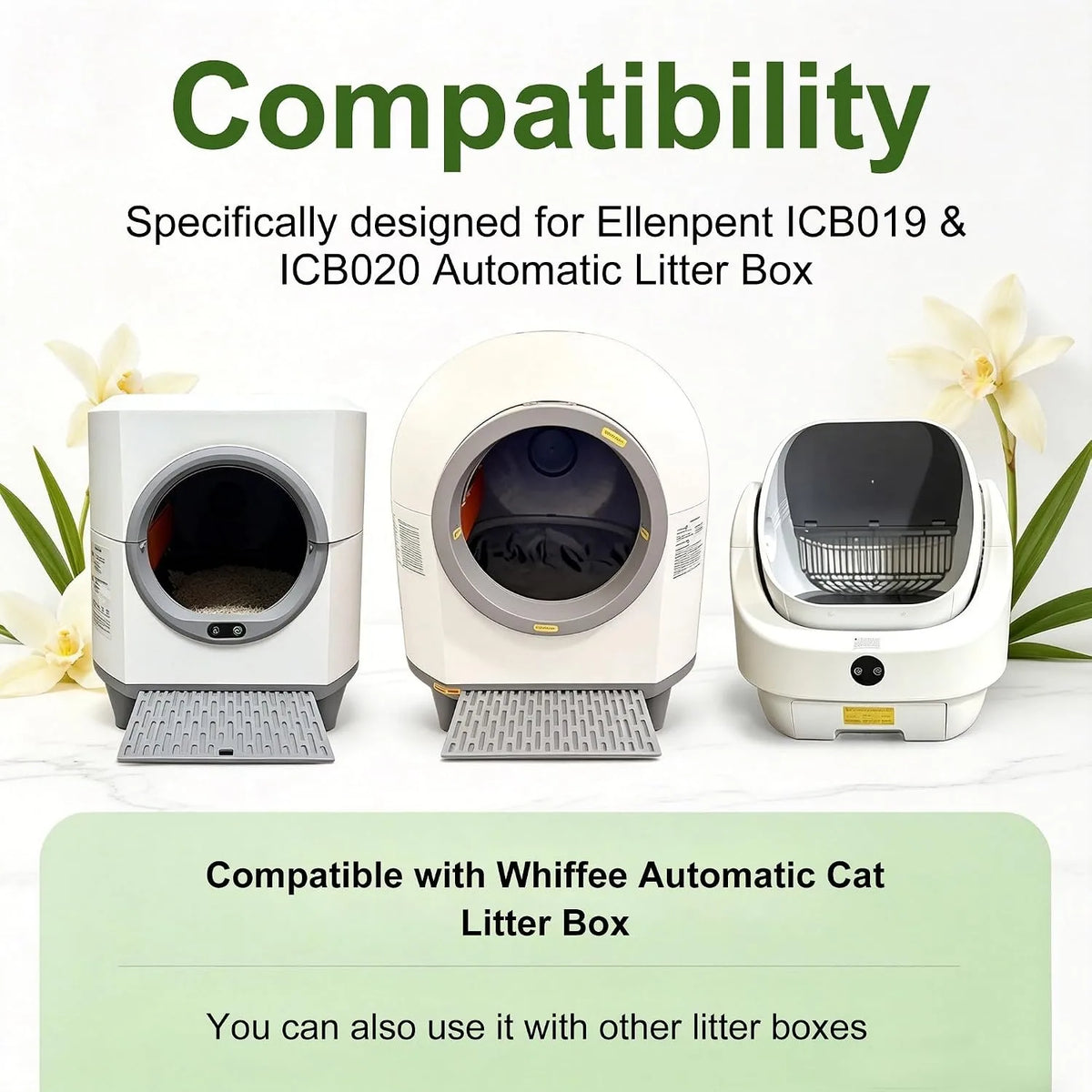 Three white automatic litter box deodorizers shown next to a plant, highlighting compatibility with Ellenpent ICB019 and ICB0