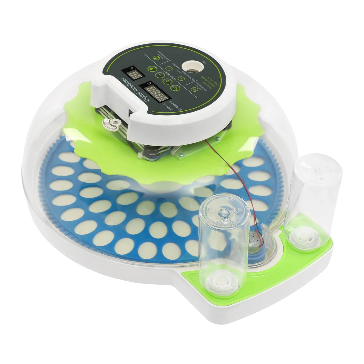 Weißer Automatischer Vogel-Ei-Inkubator mit digitaler Anzeige und rotierender Plattform zur Inkubation.