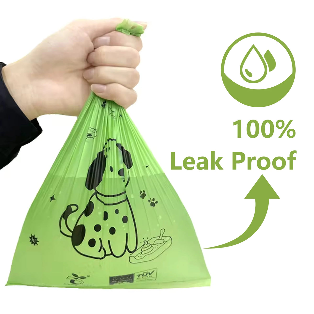 A hand is holding a green certified compostable dog waste bag, demonstrating its leak proof feature.