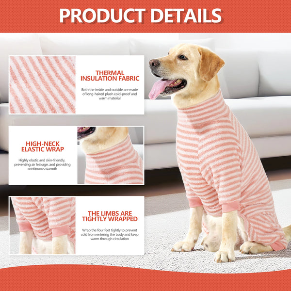 A golden retriever wearing a pink and white striped fleece dog winter recovery suit.