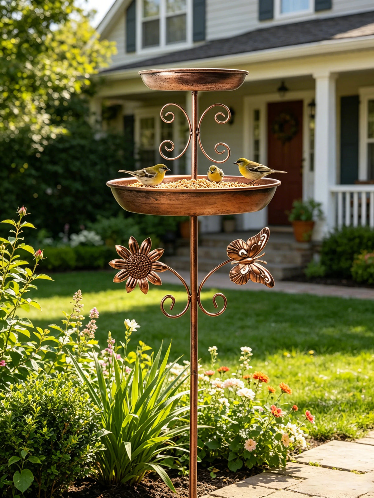Baño de pájaros de bronce vintage montado en soporte con arabescos decorativos, en un jardín.