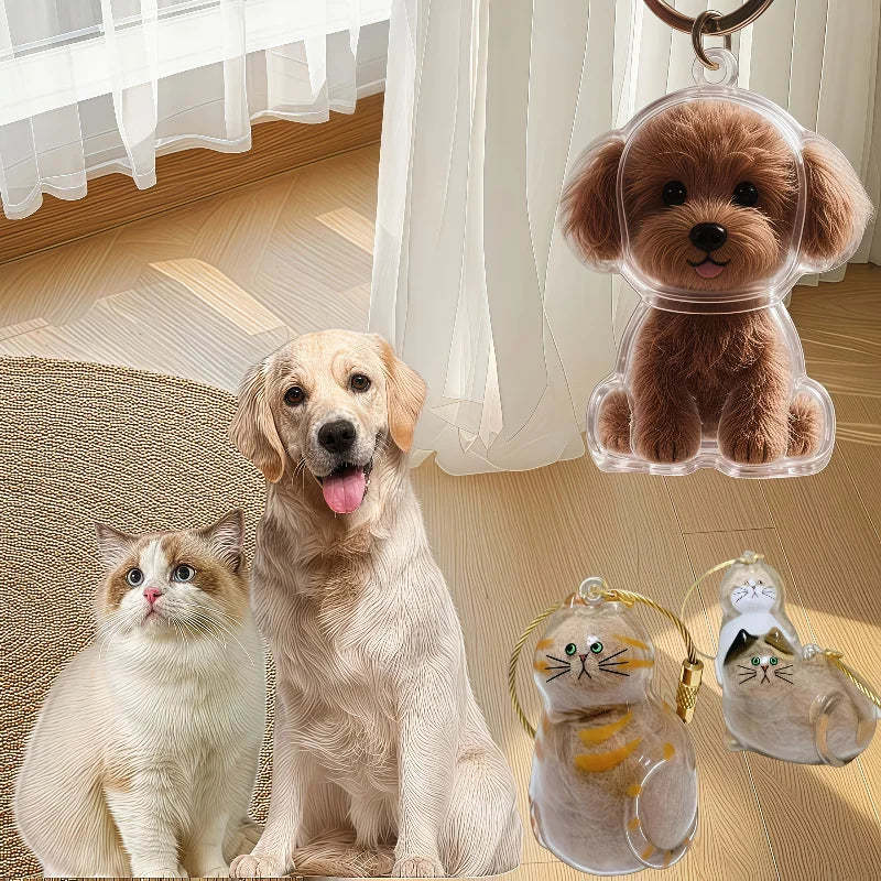 Porte-clés transparent pour poils d'animaux, représentant un petit chien et un chat.