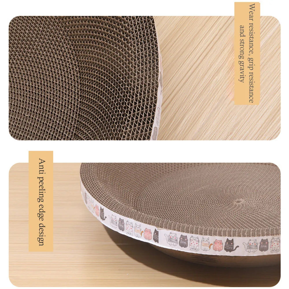 A close-up view of a brown corrugated cat scratching pad with an anti-peeling edge design on a wooden surface.