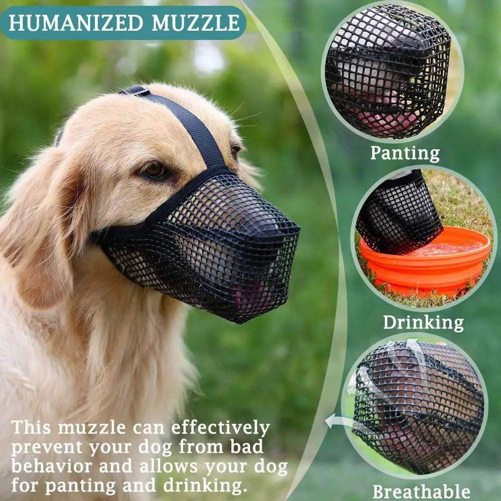 A light-colored dog wearing a black mesh muzzle designed to prevent bad behavior and allow panting and drinking.