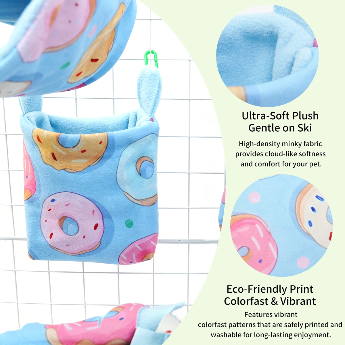 Ultra-Soft Plush Gentle on Ski pet hammock and hideout set featuring colorful prints