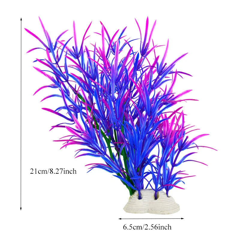 Un cluster vibrant de plantes décoratives aquatiques artificielles aux feuillages bleu vif et magenta.