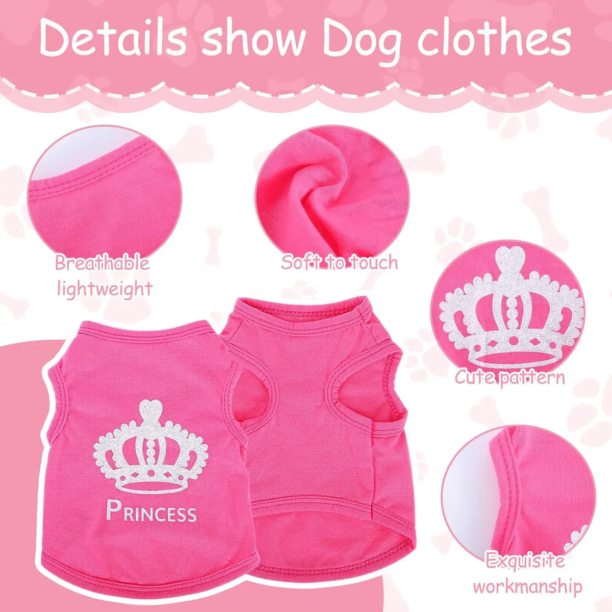 Pink breathable lightweight dog clothes featuring a crown pattern and exquisite workmanship