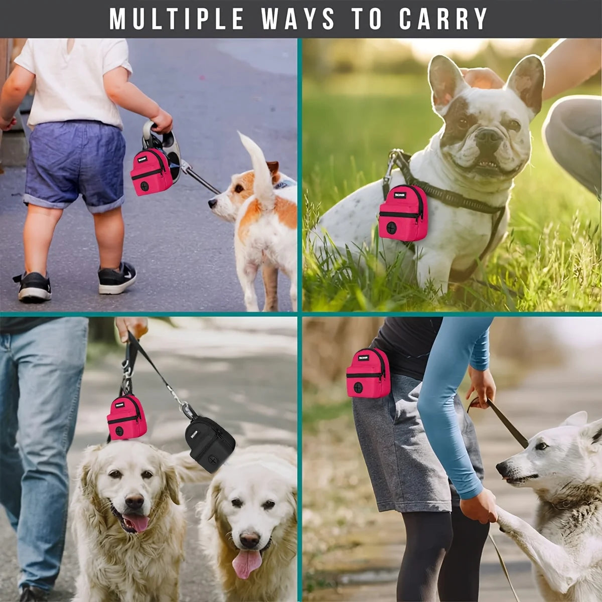 Eine Sammlung verschiedener Möglichkeiten, eine tragbare Hundekotbeutelspender für Leine und Reisen zu transportieren.
