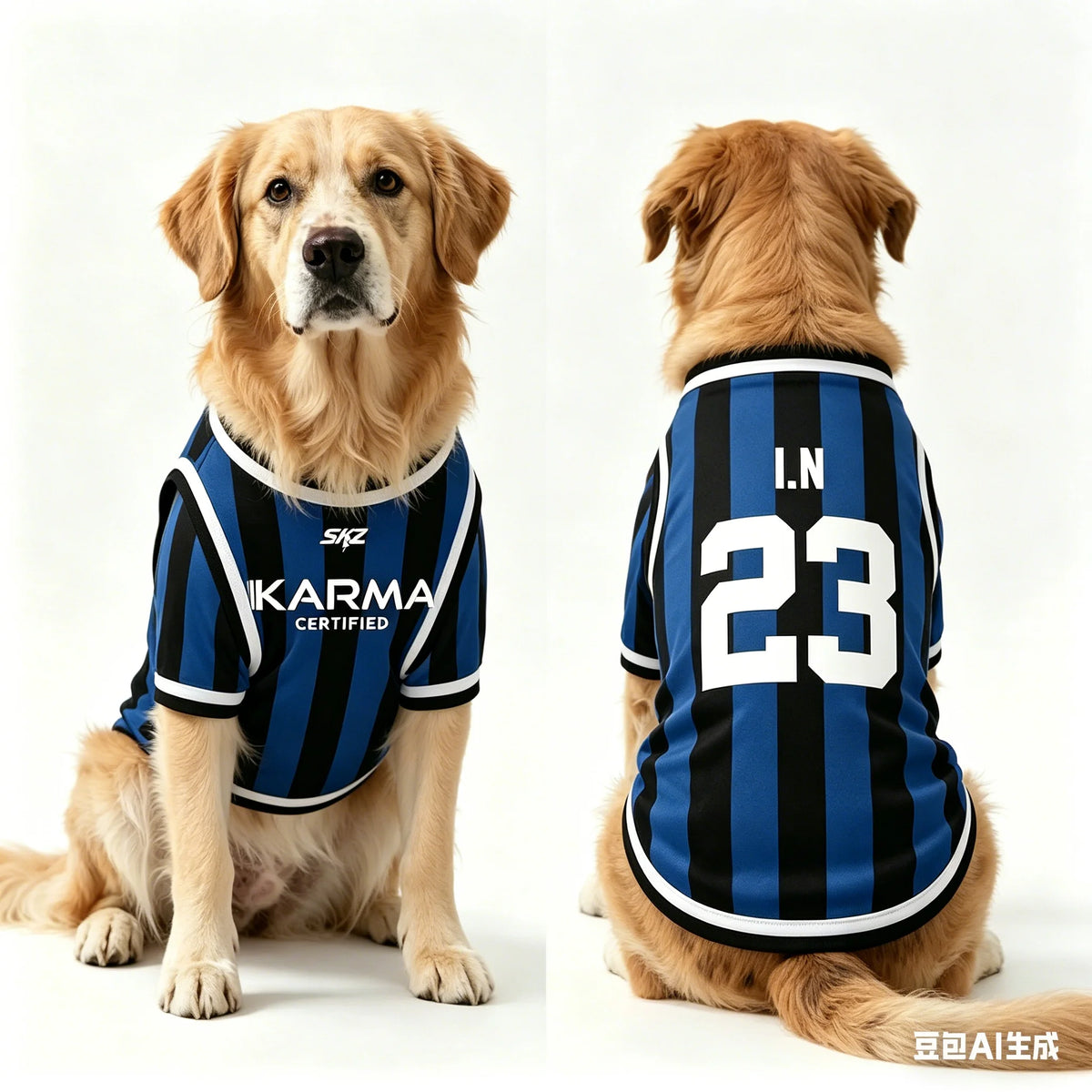 A golden retriever wearing a blue and black striped dog tank top for summer walks.