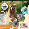 A golden retriever wearing a rechargeable, waterproof collar is splashing in water during swimming and bathing.