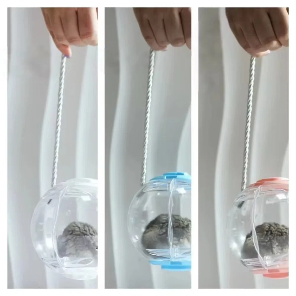 A hand is holding a clear plastic ball attached to a string, used for hamster exercise and play.