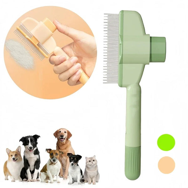 A light green pet hair remover brush is shown next to a grooming brush and several dogs and cats.