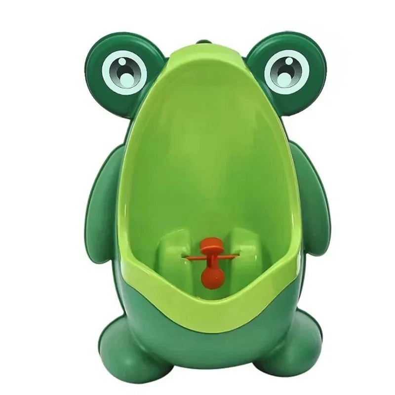 Un entrenador de entrenamiento para el inodoro en forma de rana de color verde brillante para niños.