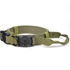 Olive green tactical dog GPS collar with an airtag holder attached