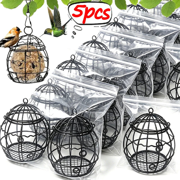 A collection of five decorative hanging metal bird feeders in clear plastic bags