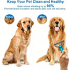 A golden retriever is shown with a pet detangler comb and grooming brush being used on its coat.