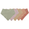 A pack of three soft cotton baby bibs in pastel shades including mint green, pink, and peach.