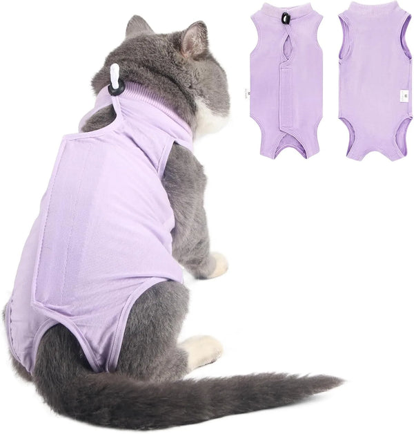 A gray cat wearing a purple post-surgery recovery bodysuit for cats, shown alongside multiple bodysuits.