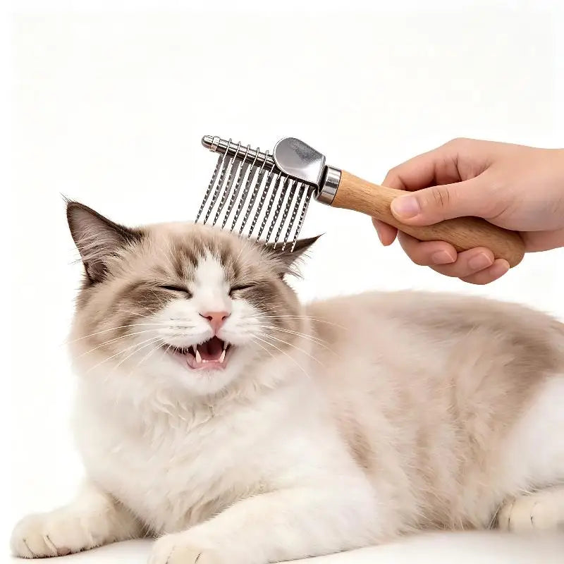 Eine Katze wird mit einer professionellen Fellpflegebürste und -rake gebürstet.