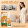 A bottle of Yegbong Cat Deterrent Spray is shown next to a woman in a light dress, with images demonstrating its use for keep