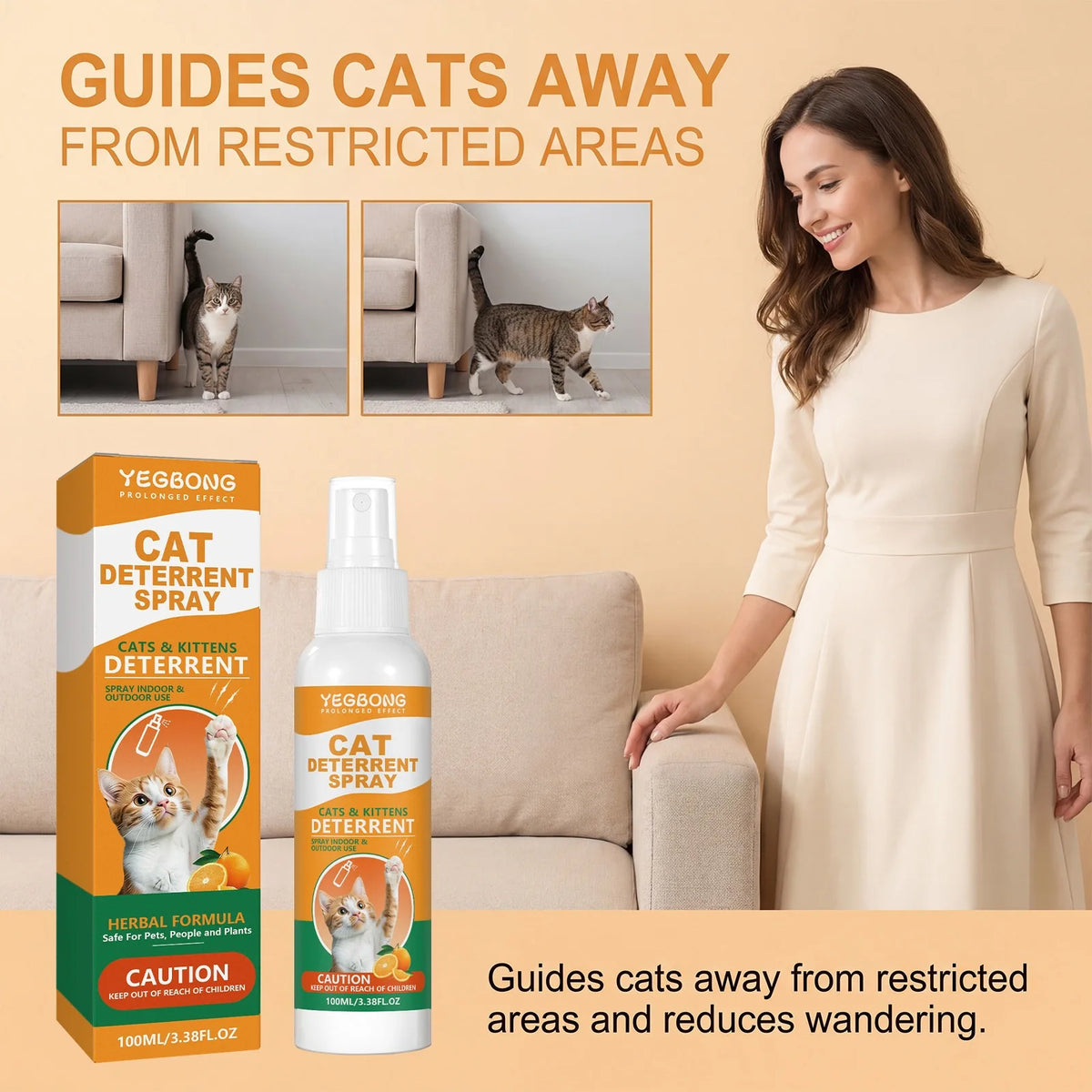 A bottle of Yegbong Cat Deterrent Spray is shown next to a woman in a light dress, with images demonstrating its use for keep