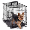 A black foldable metal pet crate with a security lock, shown from above.