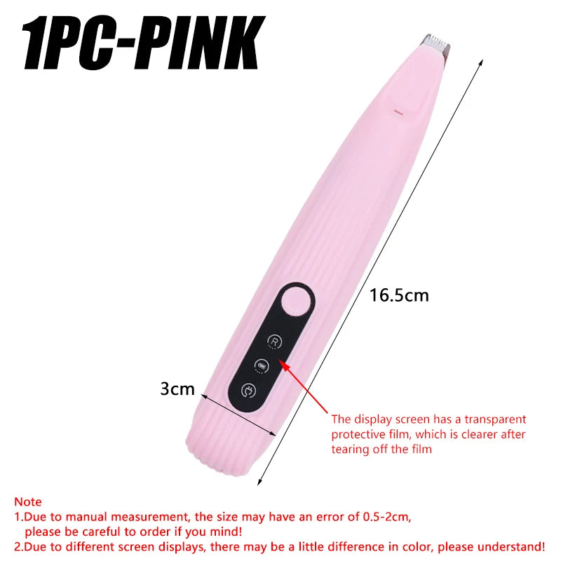 A pink cordless pet hair trimmer showing its length and display features.