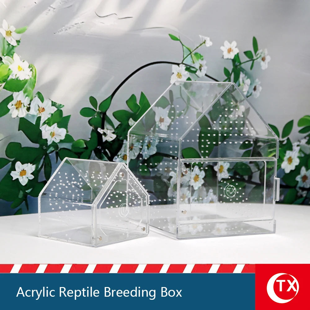 Caja de cría de reptiles de acrílico transparente con puerta magnética, exhibida entre follaje verde
