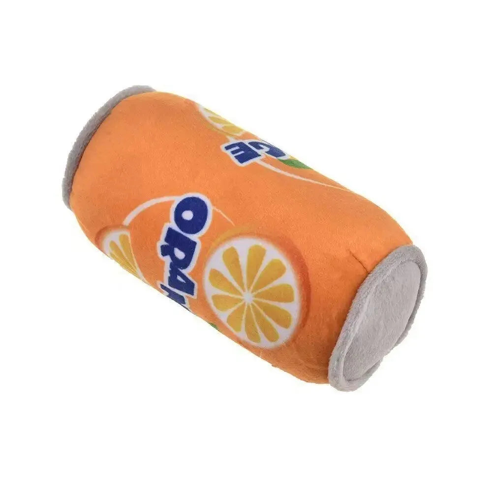 An orange bottle-shaped squeaky plush dog toy.