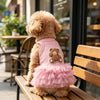 A fluffy golden dog wearing a pink ruffled skirt sits on a wooden bench in a cafe setting.
