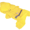 A bright yellow waterproof raincoat for dogs, shown flat.