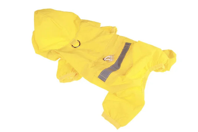A bright yellow waterproof raincoat for dogs, shown flat.