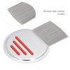 A stainless steel lice removal comb with a flat head and three red prongs shown next to an inset detail.
