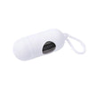 White capsule-shaped dog poop bag dispenser with a carabiner clip.