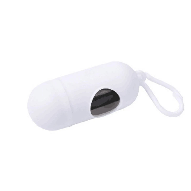 White capsule-shaped dog poop bag dispenser with a carabiner clip.