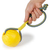 A hand is holding a yellow rubber fetch ball with a blue braided rope attached.