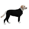 A black dog onesie with full leg coverage standing in profile.